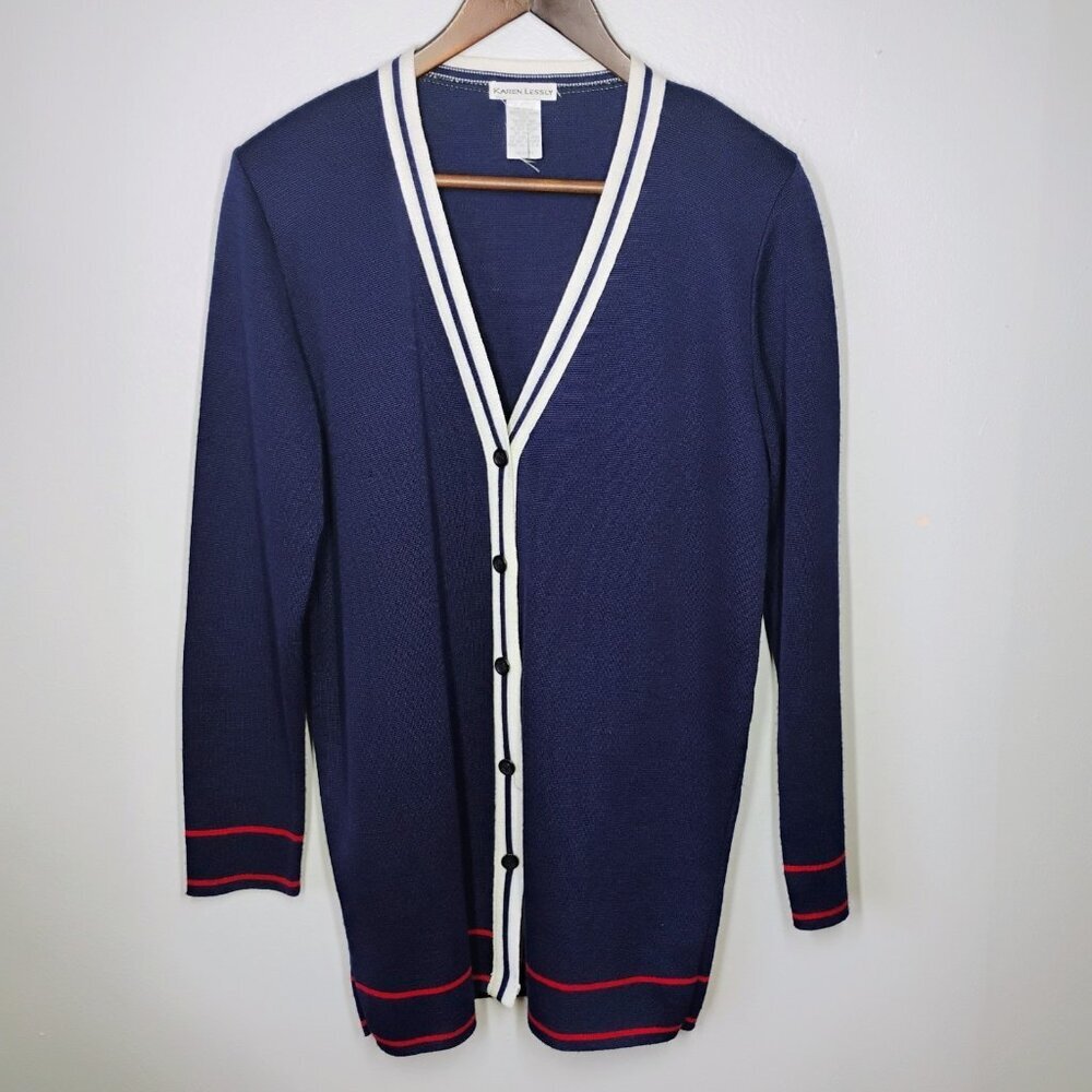 Vintage Karen Lessly Cardigan Sweater Womens Medium Blue Preppy Academia Varsity